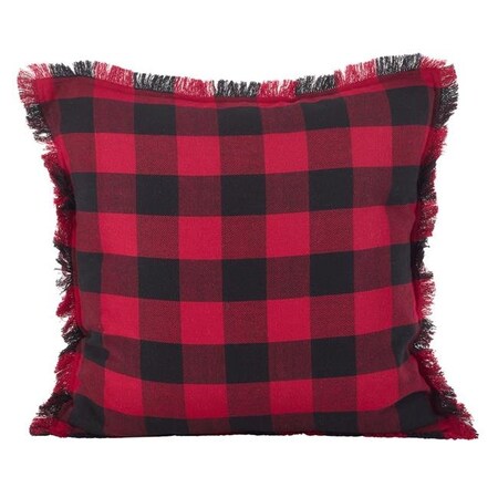 SARO 9026P.R20S 20 In. Square Fringed Buffalo Plaid Design Cotton Throw Pillow With Down Filling  Red